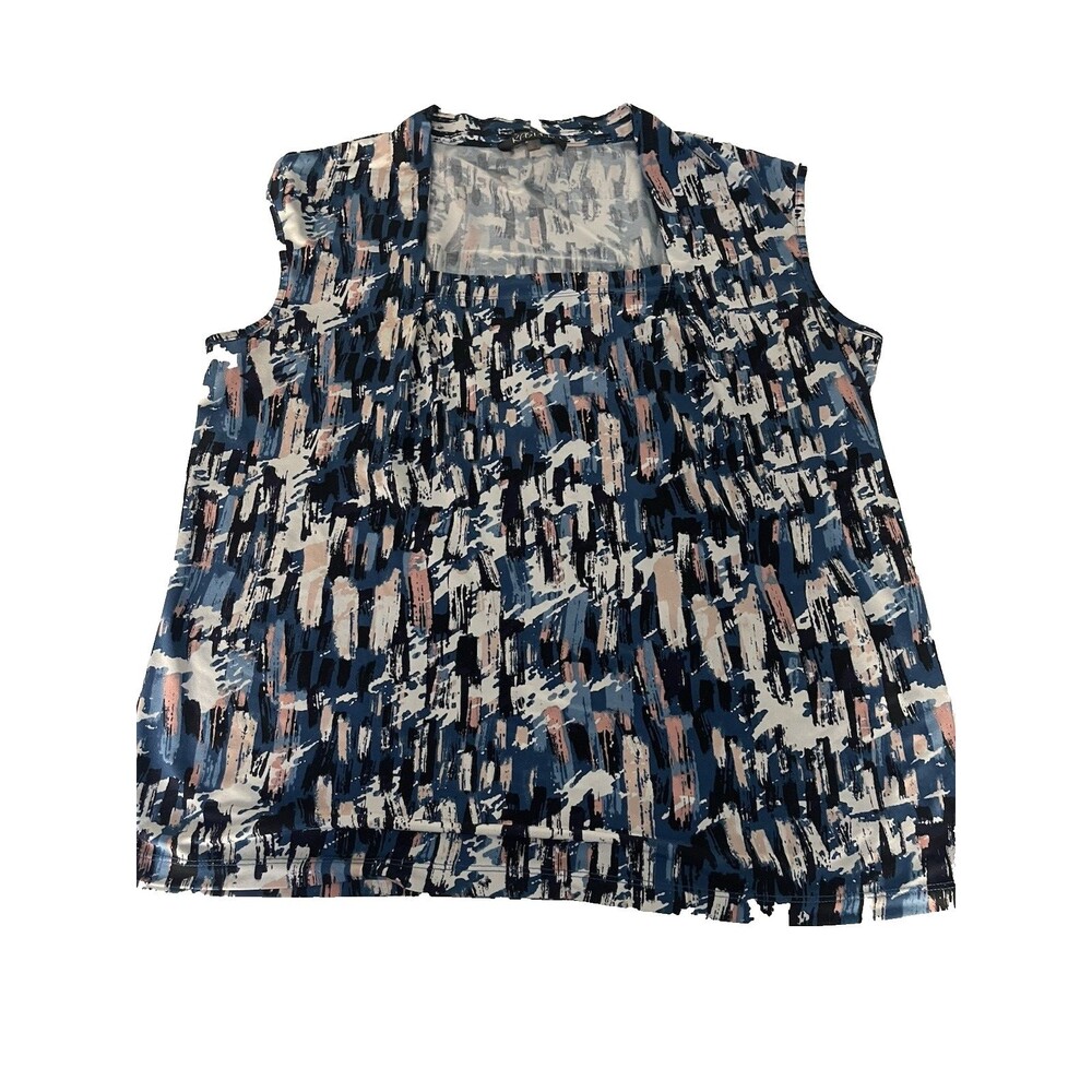 Kasper Blue Abstract Sleeveless Cowl Neck Blouse-XL